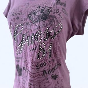 Guess Womens Purple Graphic Rhinestone Shirt Grunge Alt Girl Short Sleeve Large